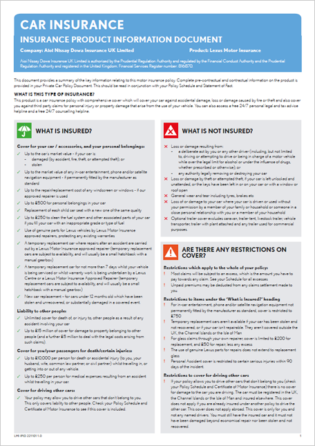 Lexus Motor Insurance Product Information Document